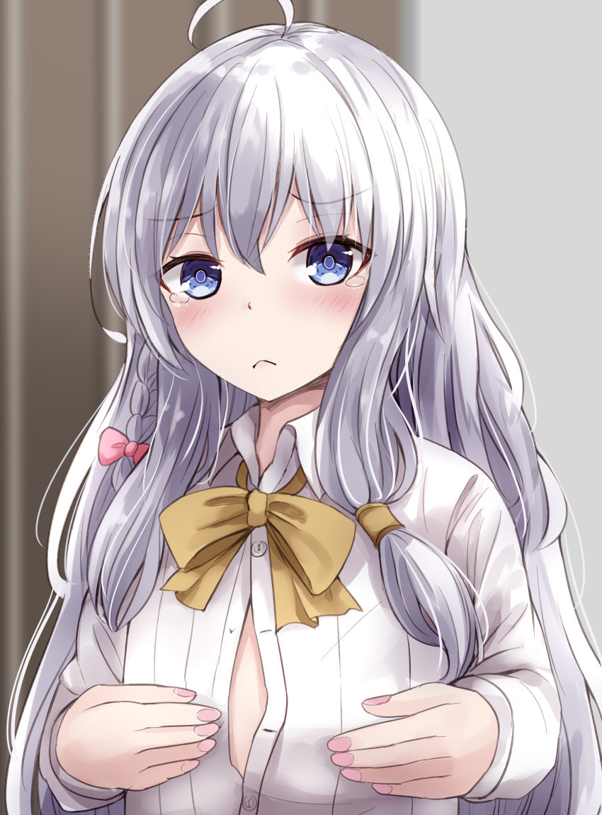 1girl, :c, absurdres, ahoge, blue_eyes, blurry, blurry_background, blush