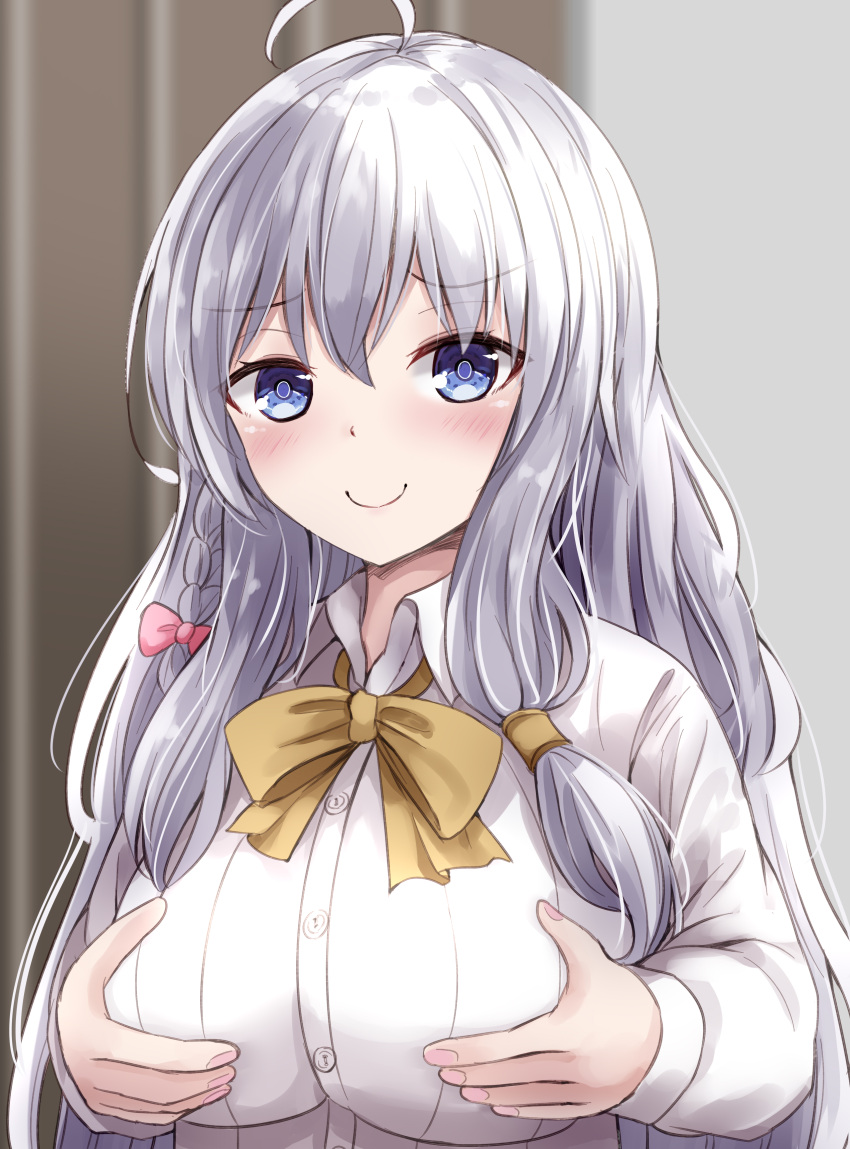 1girl, absurdres, ahoge, blue_eyes, blurry, blurry_background, blush, bow