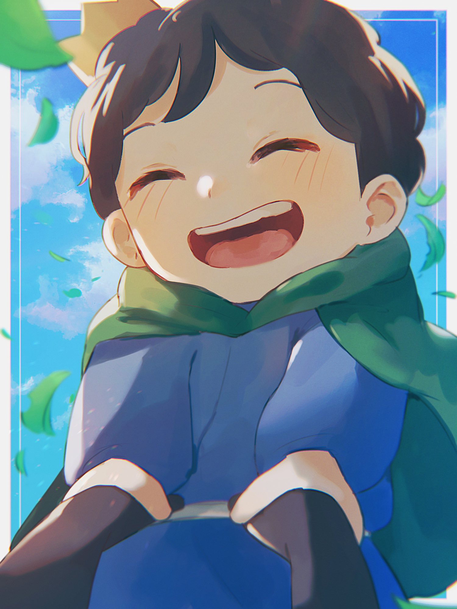 1boy, black_hair, blue_shirt, blush, bojji, cape, child, close-up