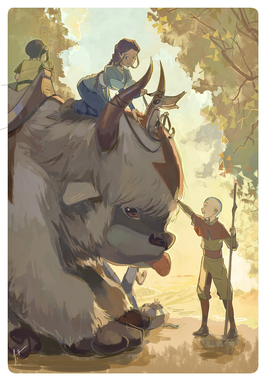2boys, 2girls, aang, appa, avatar:_the_last_airbender, avatar_legends, bald, braid
