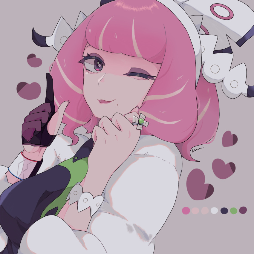 1girl, bracelet, breasts, clenched_hands, drill_hair, dynamax_band, eyeliner, eyeshadow