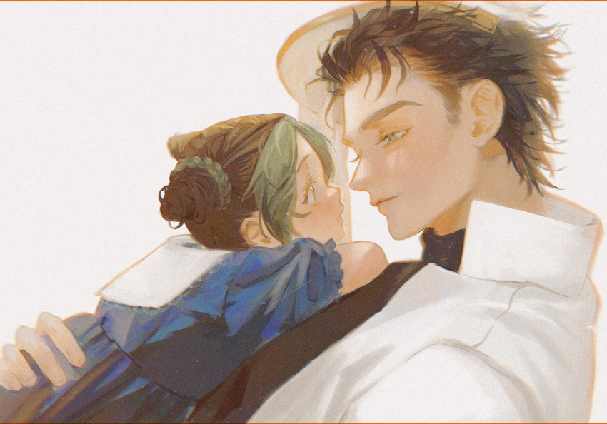 1girl, black_hair, black_shirt, blue_dress, child, commentary, double_bun, dress, eigoni, father_and_daughter, gakuran, hair_bun, hat, highres, jojo_no_kimyou_na_bouken, kujo_jolyne, kujo_jotaro, lying, profile, school_uniform, shirt, short_hair, sidelocks, solo, symbol-only_commentary, white_gakuran, white_headwear