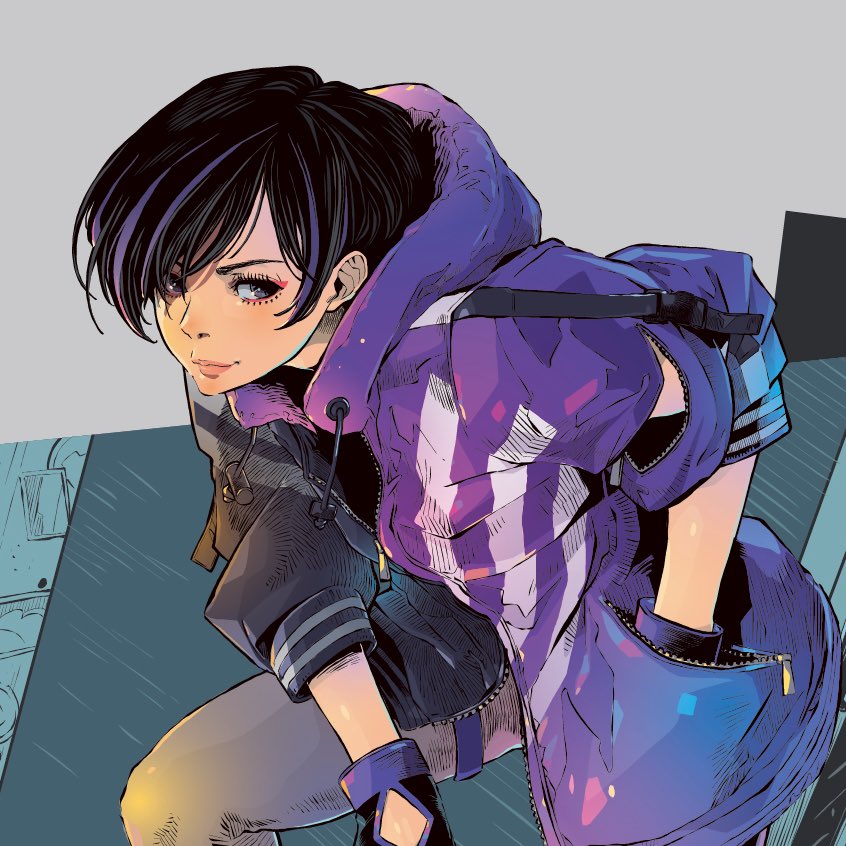 1girl, belt_choker, black_hair, choker, colored_tips, gloves, jacket, jbstyle