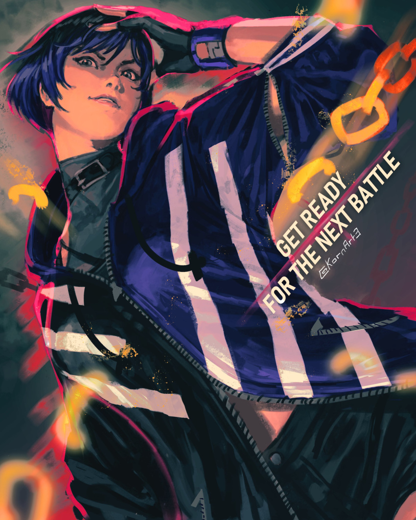 1girl, absurdres, belt_choker, choker, colored_tips, highres, jacket, kornart