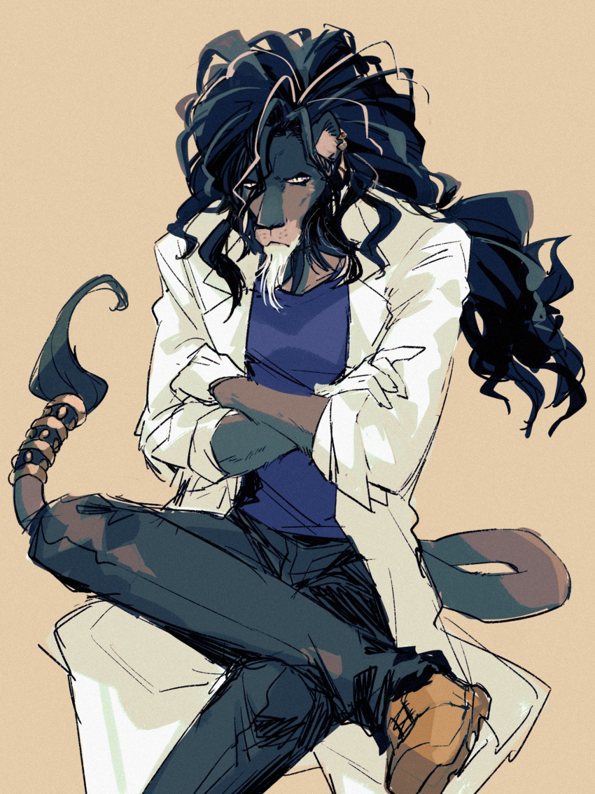 1boy, alolin_(pazuzu)_(dislyte), animal_ears, black_pants, blue_shirt, brown_footwear, crossed_arms, dislyte