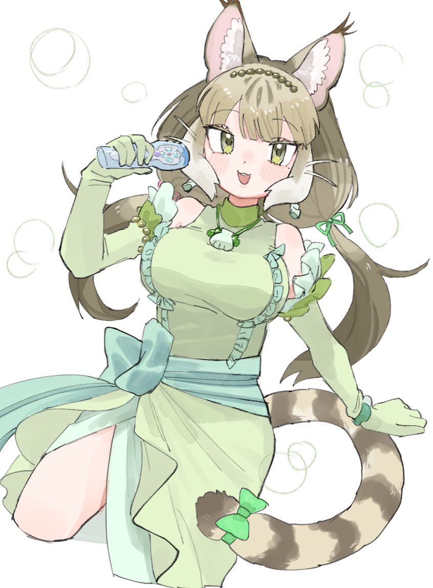 1girl, :3, animal_ears, bare_shoulders, blue_bow, blunt_bangs, blush, bow