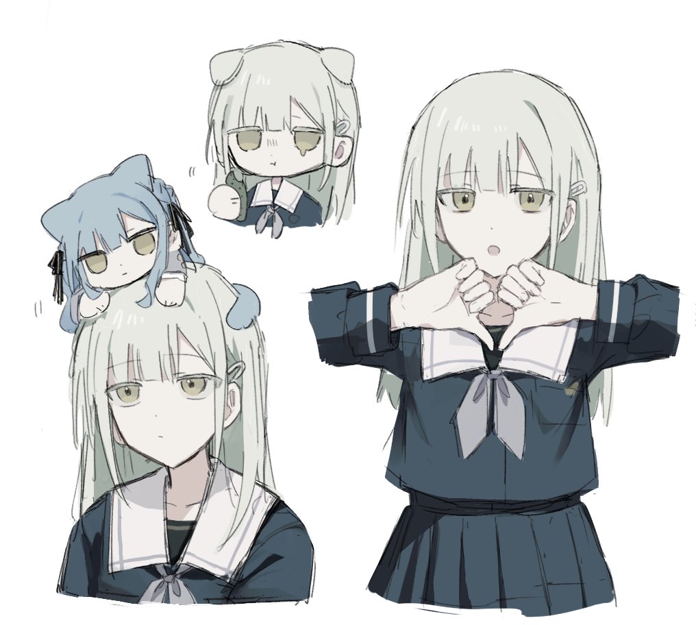 2girls, animal_ears, bang_dream!, bang_dream!_it's_mygo!!!!!, blue_hair, blue_serafuku, blue_shirt, blue_skirt