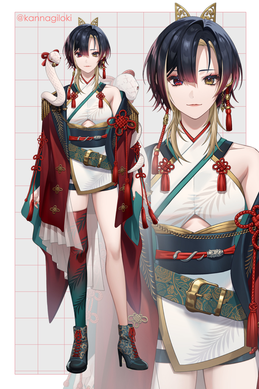 1girl, absurdres, asymmetrical_hair, bare_shoulders, bell, belt, black_footwear, black_hair, black_shorts, blonde_hair, boots, breasts, chinese_clothes, cleavage_cutout, clothing_cutout, colored_inner_hair, dolustoy, earrings, epaulettes, floral_print, full_body, gradient_legwear, green_belt, hair_ornament, heterochromia, high_heels, highres, jewelry, kannagi_loki, long_hair, medium_breasts, multicolored_hair, official_art, parted_bangs, phase_connect, pink_lips, red_eyes, red_nails, red_robe, redhead, reference_sheet, robe, rope, shirt, shorts, single_thighhigh, snake, standing, streaked_hair, tassel, thigh-highs, virtual_youtuber, white_shirt, yellow_eyes