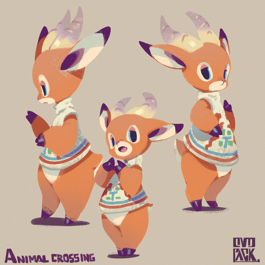 1boy, animal_crossing, animal_ears, artist_name, beau_(animal_crossing), blue_eyes, brown_background, copyright_name, deer_boy, deer_ears, deer_tail, fewer_digits, full_body, furry, furry_male, hands_up, highres, hooves, horns, legs_together, looking_at_viewer, male_focus, multiple_views, murayama_ryouta, open_mouth, profile, signature, simple_background, standing, sweater, sweater_vest, tail, turtleneck, turtleneck_sweater, white_sweater_vest
