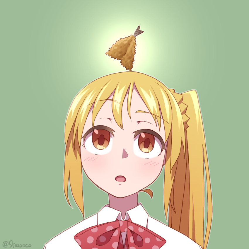 blonde_hair, bocchi_the_rock!, bow, bowtie, collared_shirt, fish_(food), food, food_on_head