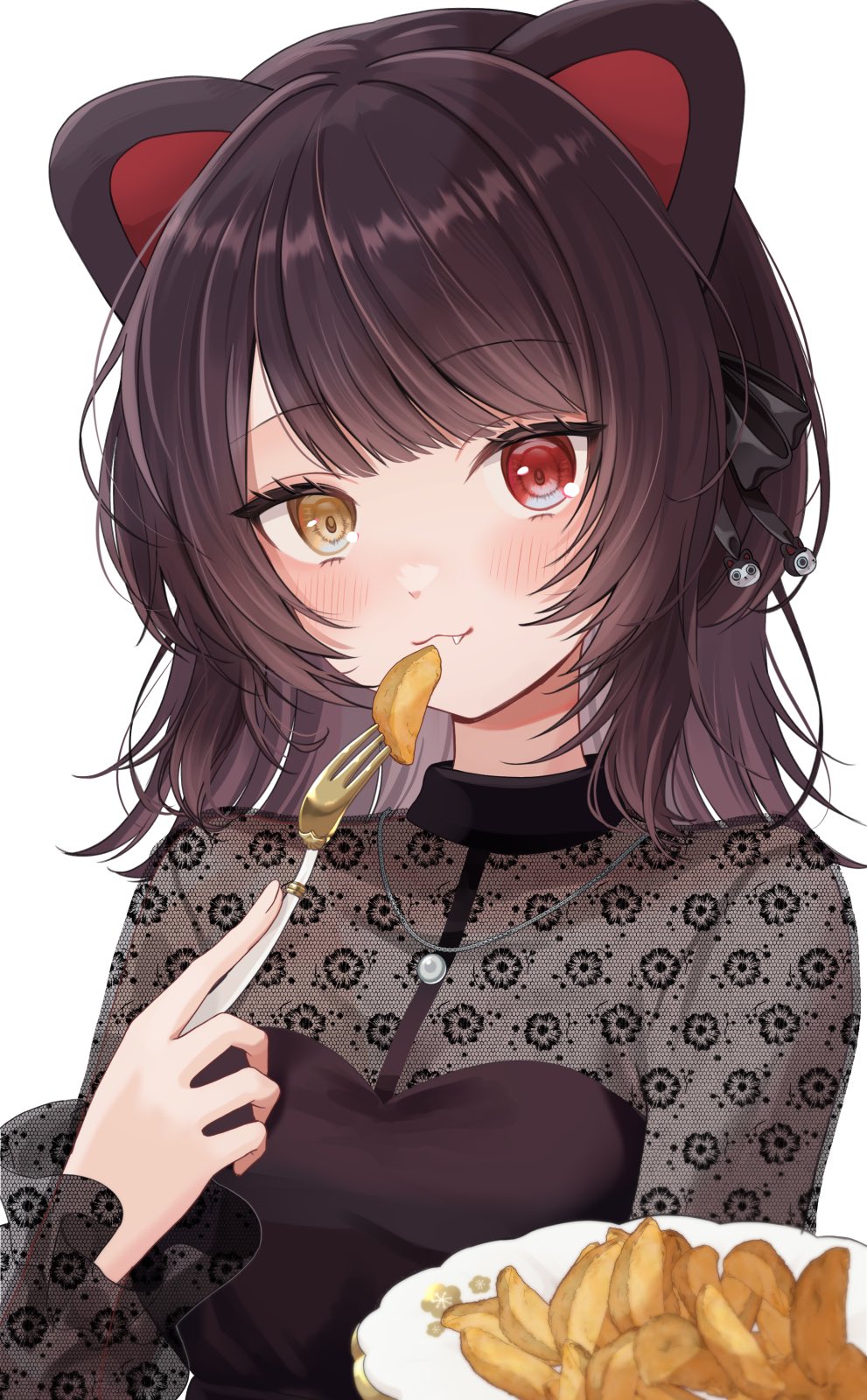 1girl, animal_ears, blush, brown_hair, dog_ears, dog_girl, food, fork