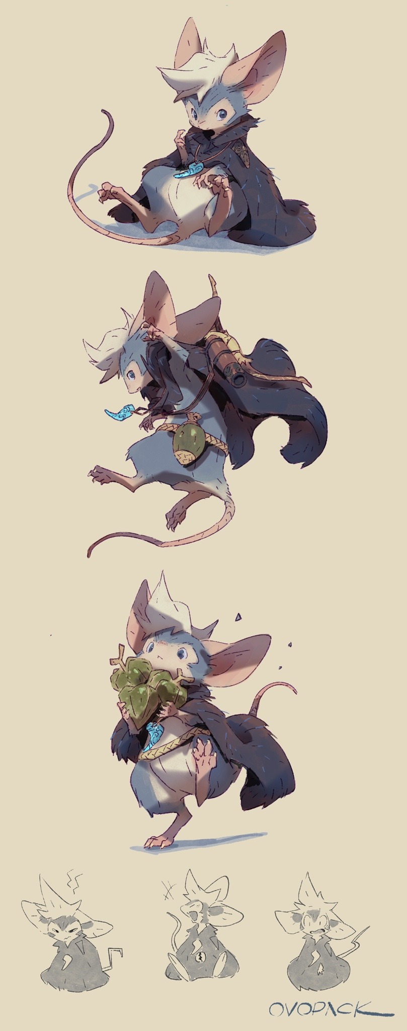 +++, animal, animal_focus, annoyed, artist_name, belt, black_cloak, blue_eyes, bow_(weapon), cloak, clothed_animal, commentary, food, fruit, full_body, highres, holding, holding_food, holding_fruit, jewelry, jumping, laughing, midair, mito_(murayama_ryota), mouse, multiple_views, murayama_ryouta, no_humans, original, pendant, quiver, signature, simple_background, sitting, sketch_inset, surprised, tail, walking, weapon, weapon_on_back, yellow_background