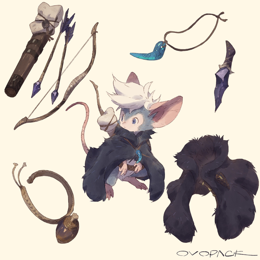 animal, animal_focus, arrow_(projectile), artist_name, belt, black_cloak, blue_eyes, bow_(weapon)