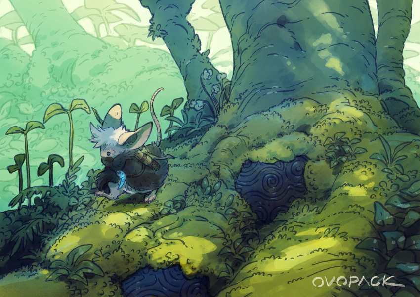 animal, animal_focus, artist_name, black_cloak, cloak, clothed_animal, commentary, dappled_sunlight, day, foliage, forest, from_side, highres, jewelry, landscape, leaf, mito_(murayama_ryota), moss, mouse, murayama_ryouta, nature, no_humans, original, outdoors, pendant, quiver, roots, scenery, signature, solo, sunlight, tail, tree, walking, wide_shot