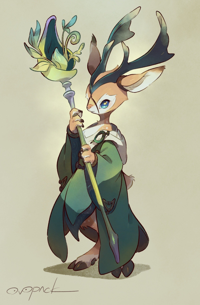 1boy, animal_ears, antlers, artist_name, barefoot, blue_eyes, cloak, cloven_hooves