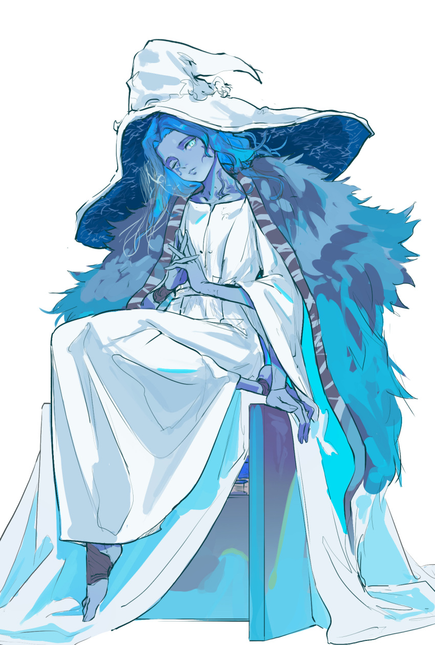 1girl, barefoot, blue_cloak, blue_eyes, blue_hair, blue_skin, book, book_stack, chinese_commentary, choa_(narko11897), cloak, closed_mouth, colored_skin, commentary, cracked_skin, doll_joints, dress, elden_ring, extra_arms, extra_faces, facial_tattoo, from_below, full_body, fur_cloak, hat, head_tilt, highres, joints, large_hat, long_sleeves, looking_at_viewer, looking_down, medium_hair, one_eye_closed, own_hands_together, ranni_the_witch, simple_background, sitting, solo, tattoo, white_background, white_dress, white_headwear, wide_sleeves, witch_hat