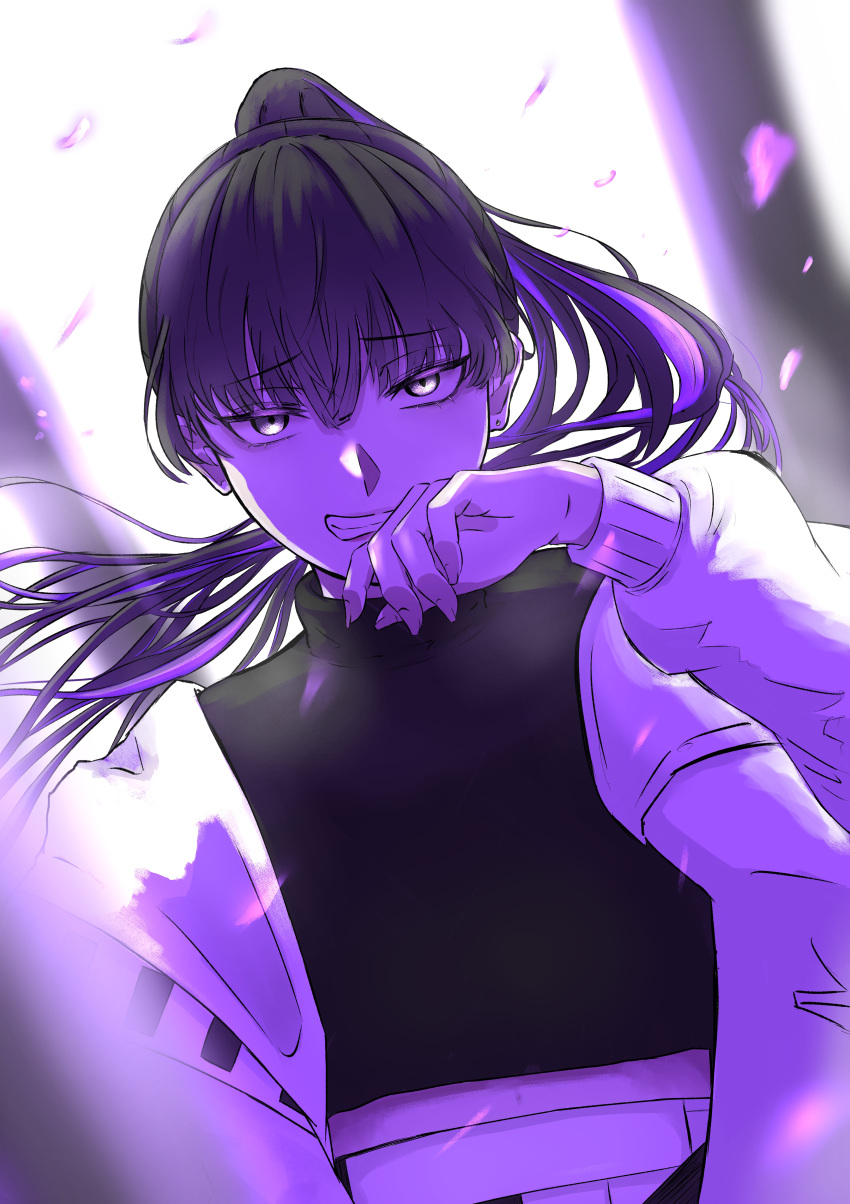 1girl, absurdres, black_hair, black_shirt, blurry, clenched_teeth, cloud_nine_inc, commentary_request