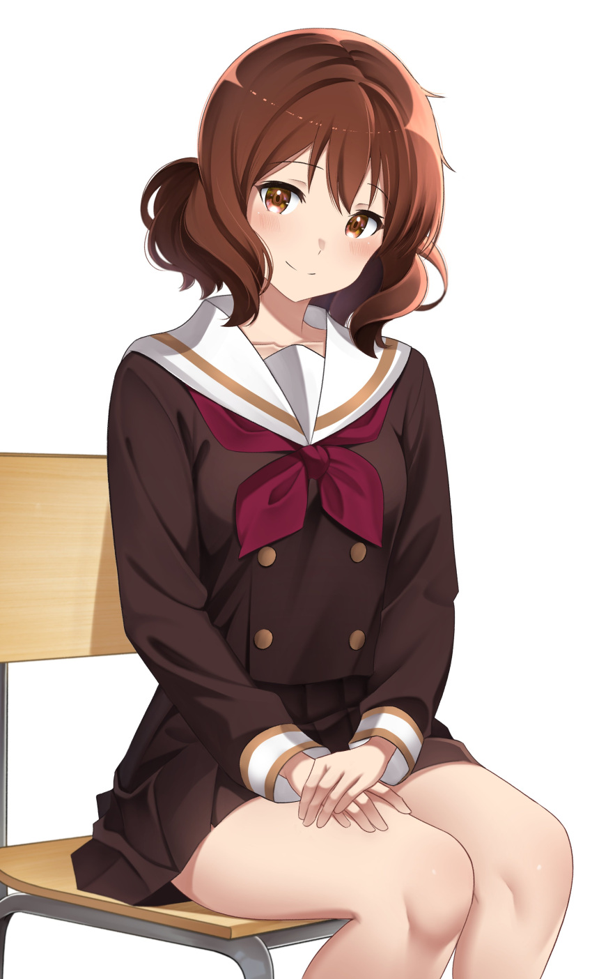 1girl, absurdres, blush, brown_eyes, brown_hair, brown_serafuku, brown_shirt, brown_skirt