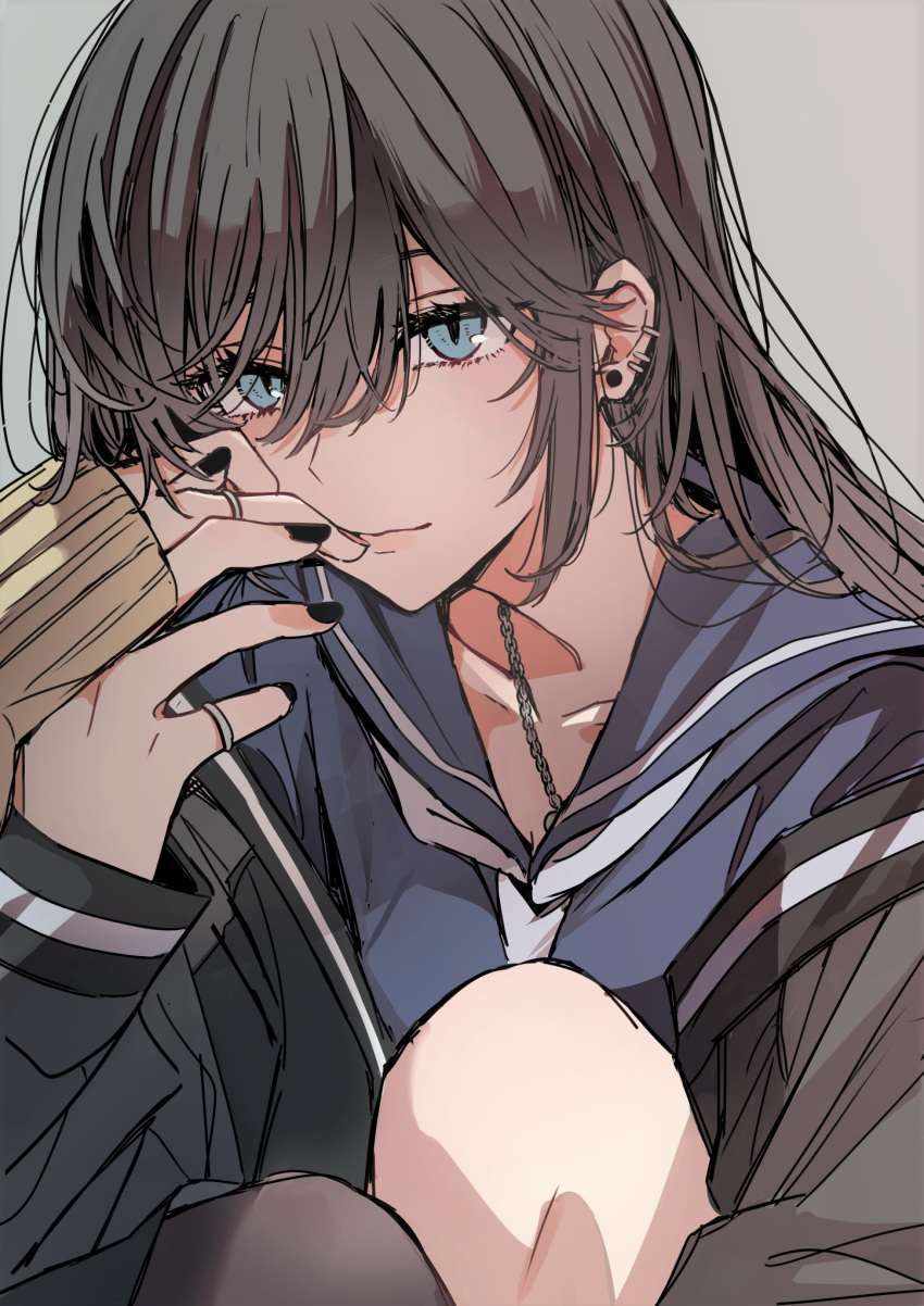 1girl, black_cardigan, black_hair, black_nails, blue_eyes, blue_sailor_collar, blue_shirt, cardigan