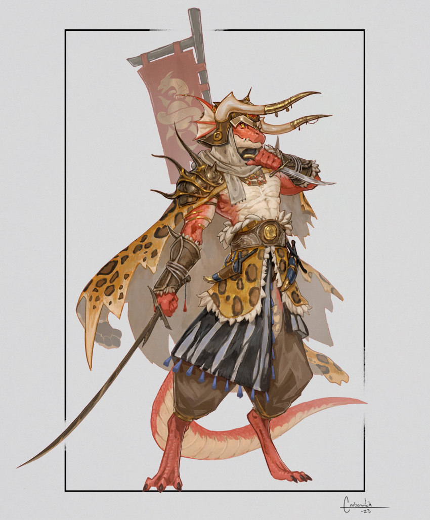 1boy, absurdres, armor, artist_name, banner, barefoot, battle_standard, belt
