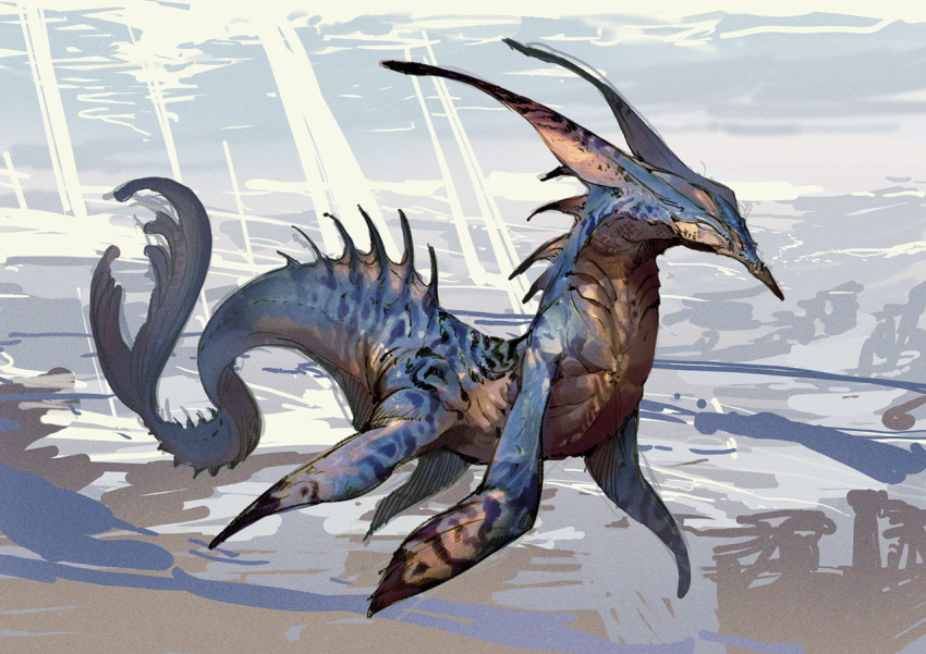 animal_focus, commentary, dragon, fins, from_side, full_body, head_fins, monster, murayama_ryouta, no_humans, original, red_eyes, sea_dragon, sharp_teeth, solo, spikes, tail, teeth