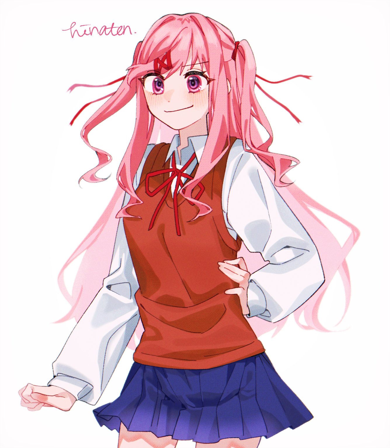 alternate_hairstyle, artist_name, blue_skirt, breasts, cowboy_shot, doki_doki_literature_club, highres, hinaten, long_hair, long_sleeves, natsuki_(doki_doki_literature_club), pink_eyes, pink_hair, school_uniform, shirt, skirt, small_breasts, twintails, white_background, white_shirt