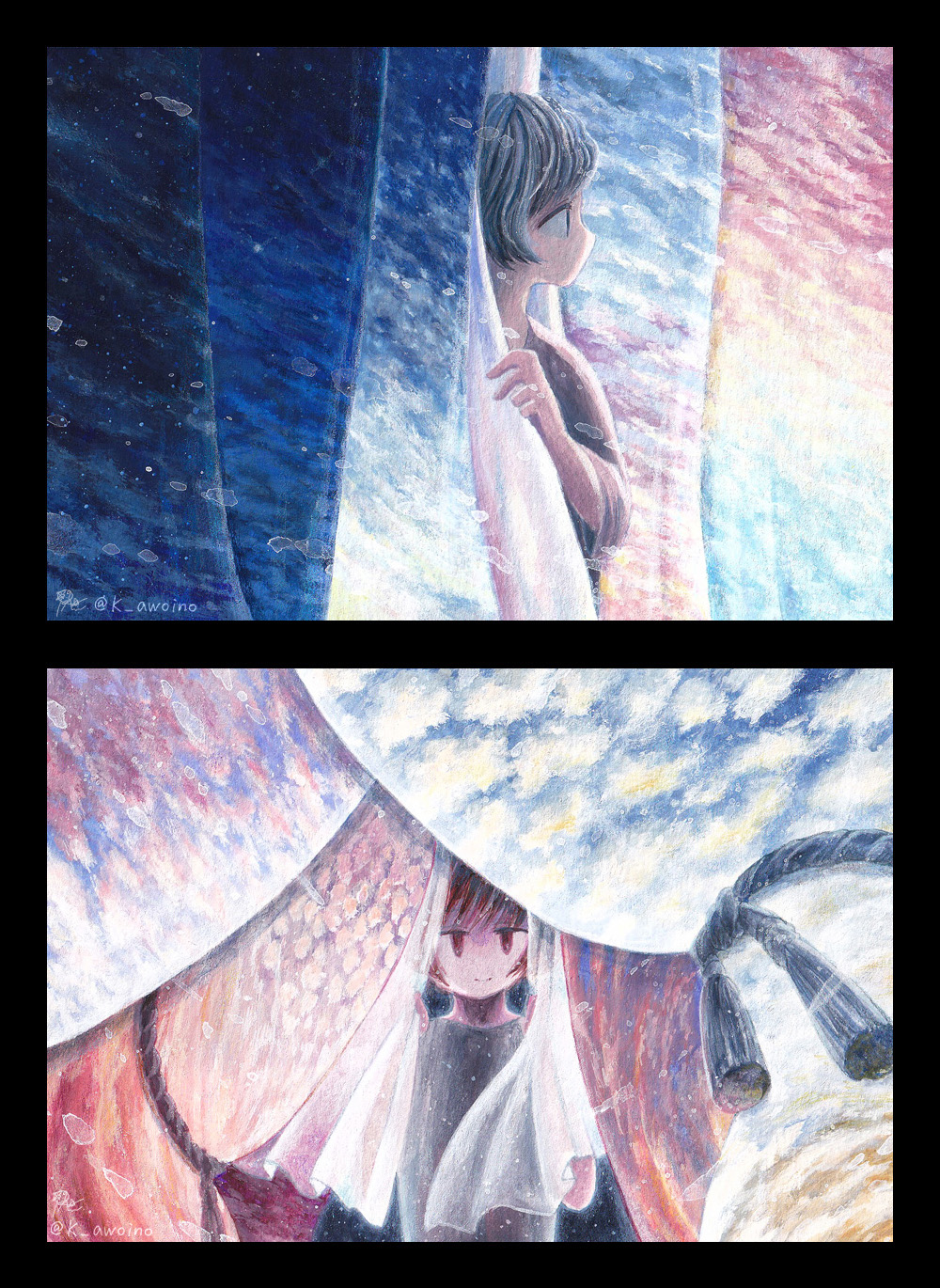 2others, awoino, black_hair, clouds, cloudy_sky, curtain_grab, curtains, dawn