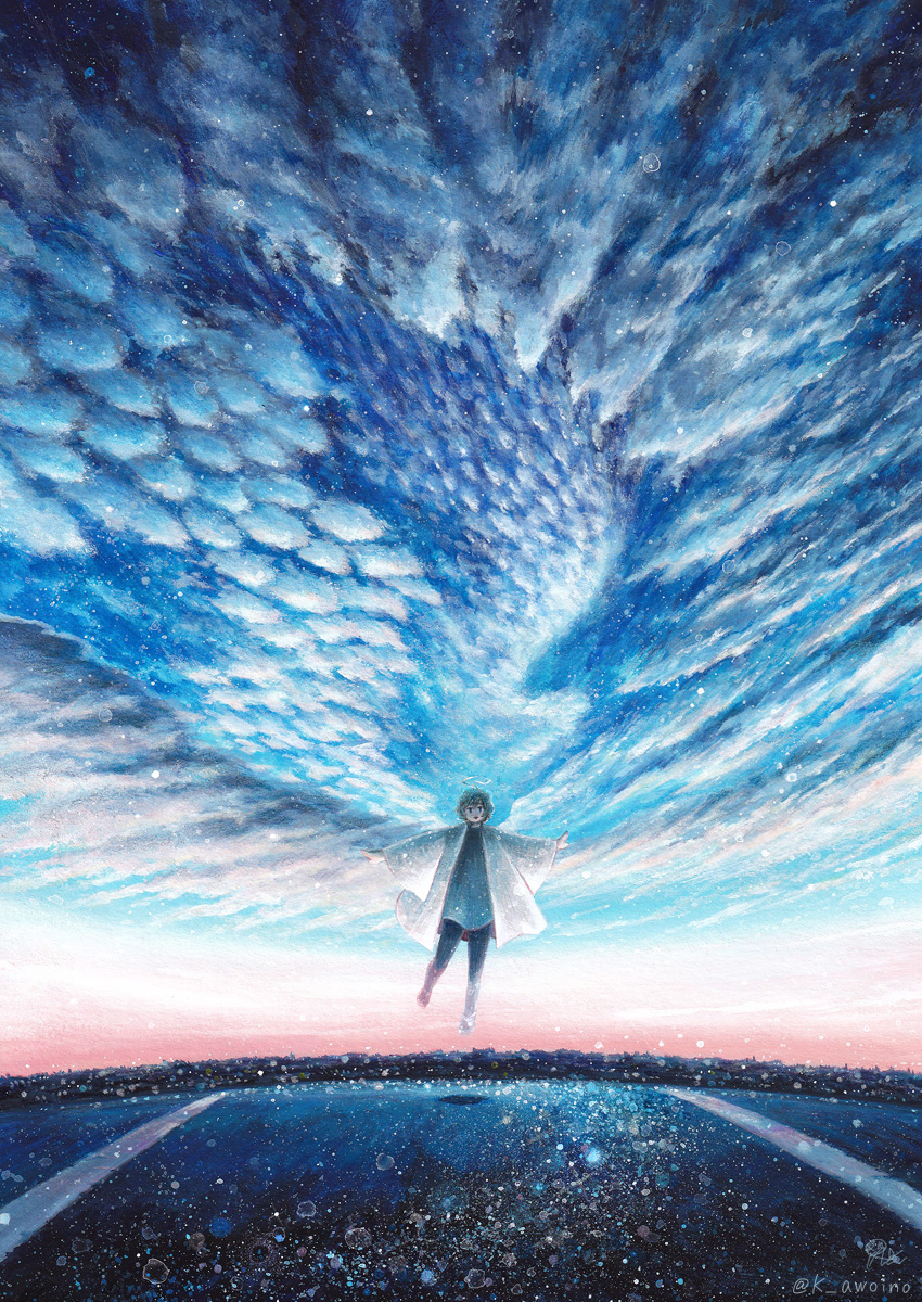 1other, androgynous, awoino, black_hair, blue_pants, blue_shirt, blue_sky, city_lights