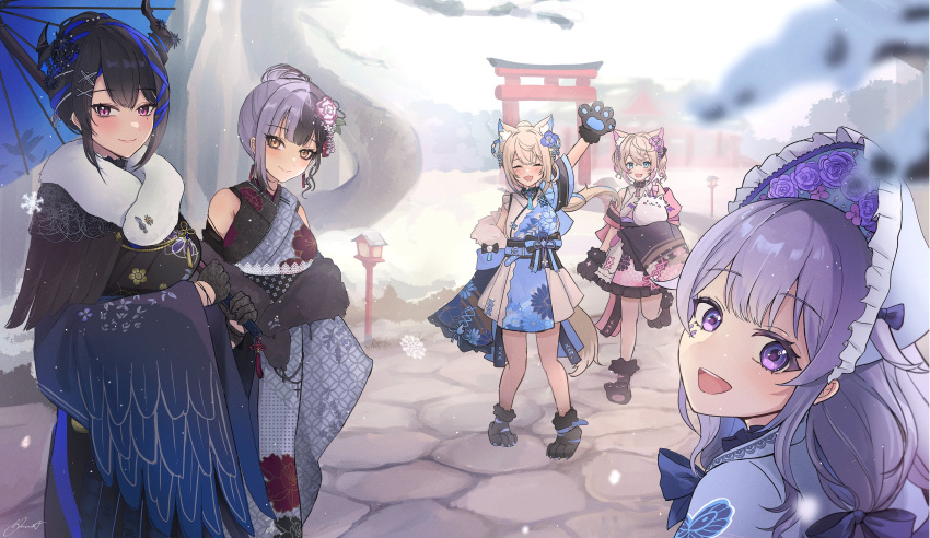 5girls, absurdres, animal_ears, animal_hands, asymmetrical_horns, black_hair, black_kimono, blue_hair
