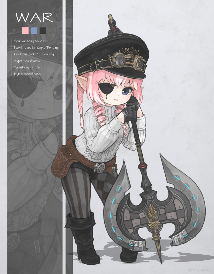 1girl, absurdres, asymmetrical_legwear, axe, belt, black_footwear, black_gloves, black_headwear
