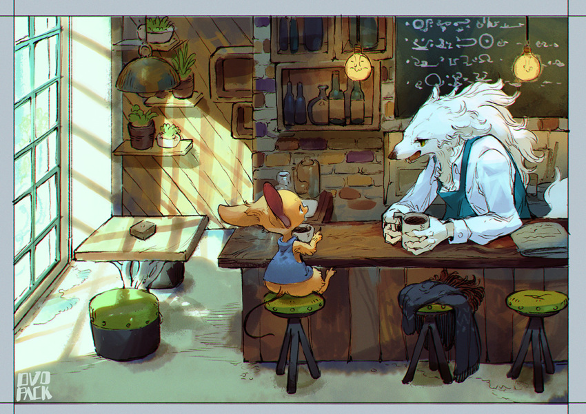 1boy, 1other, animal_ears, apron, artist_name, blue_apron, blue_vest, body_fur