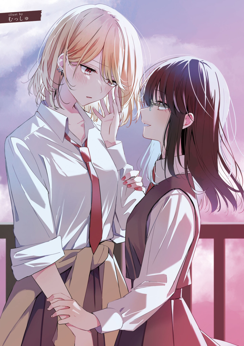 2girls, artist_name, belt, black_belt, black_dress, black_hair, black_skirt, blonde_hair