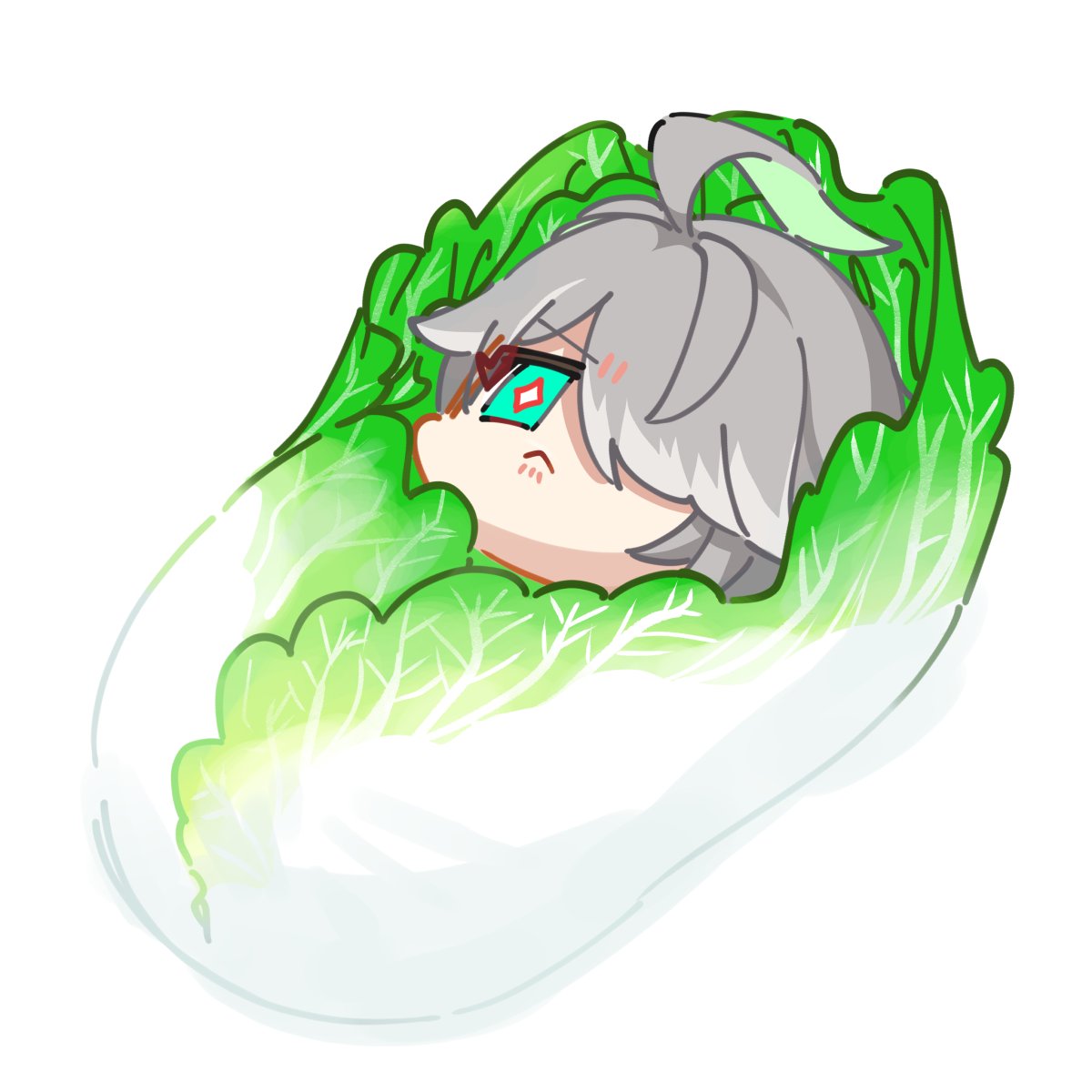 1boy, :<, ahoge, alhaitham_(genshin_impact), cabbage, cabbage_swaddle, chibi, closed_mouth