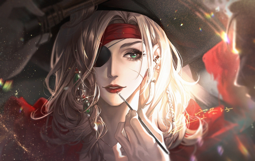1girl, applying_makeup, black_headwear, blonde_hair, blouse, chinese_commentary, commentary, dagger_earrings