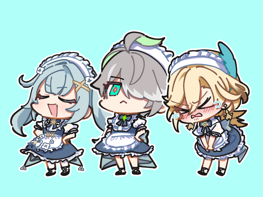 >_<, 1girl, 2boys, :<, :d, ahoge, alhaitham_(genshin_impact), apron