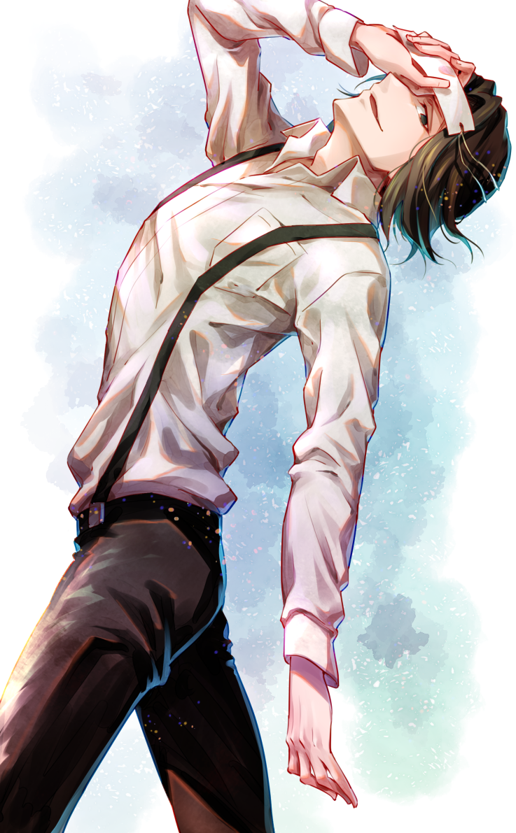 1boy, arm_up, black_eyes, black_hair, black_pants, bleach, bookmark, collared_shirt