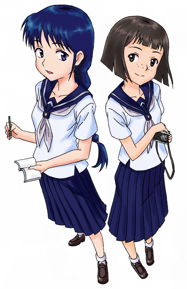 blue_hair, braid, brown_hair, camera, character_request, freckles, kaimu_(pixiv), long_hair, notebook, owari_noriko, pencil, school_uniform, serafuku, short_hair, single_braid, smile, taishou_yakyuu_musume