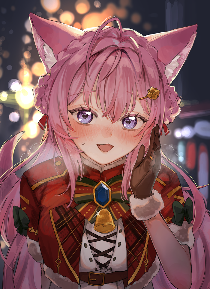 1girl, akari0120_s, alternate_costume, animal_ear_fluff, animal_ears, antenna_hair, bell, blurry