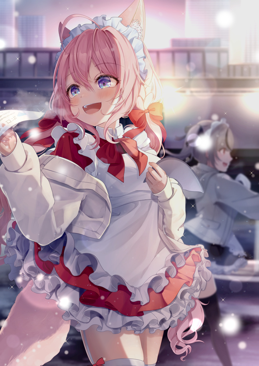 2girls, absurdres, alternate_costume, animal_ear_fluff, animal_ears, antenna_hair, apron, commentary_request