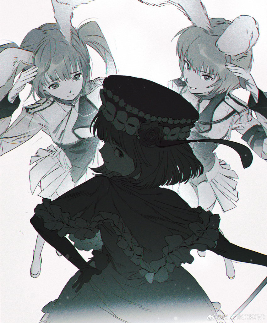 3girls, absurdres, animal_ears, blunt_bangs, blunt_ends, boots, capelet, chiester410