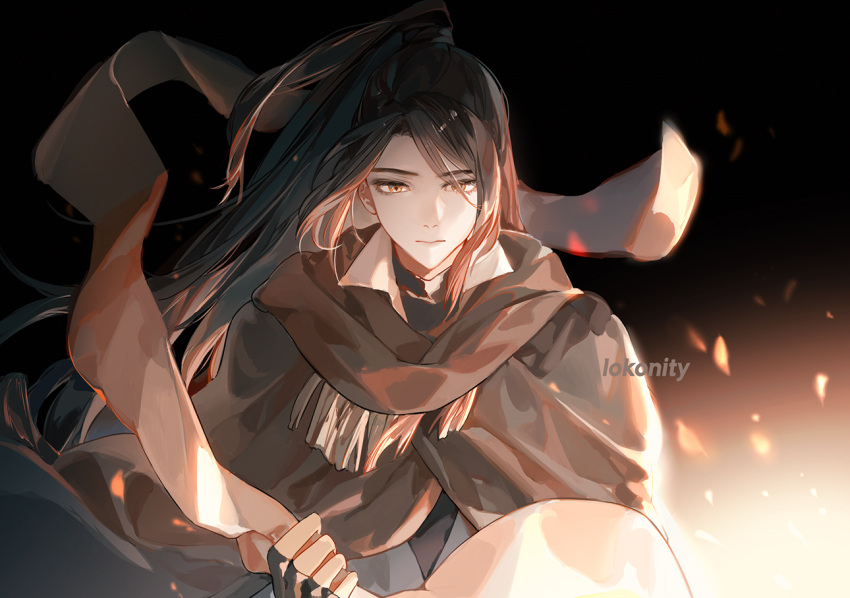 1boy, artist_name, blue_hanfu, brown_hair, brown_poncho, chinese_clothes, closed_mouth, collared_shirt