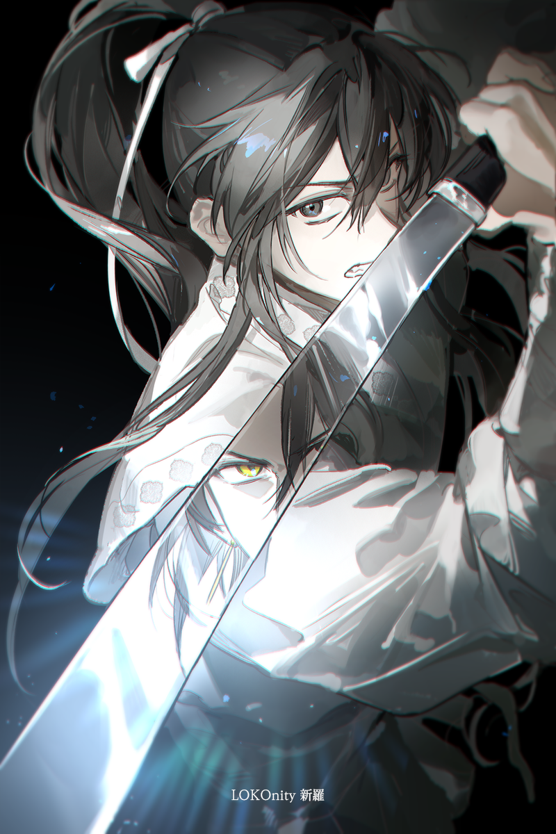 1boy, artist_name, black_background, black_eyes, black_hair, clenched_teeth, earrings, floral_print