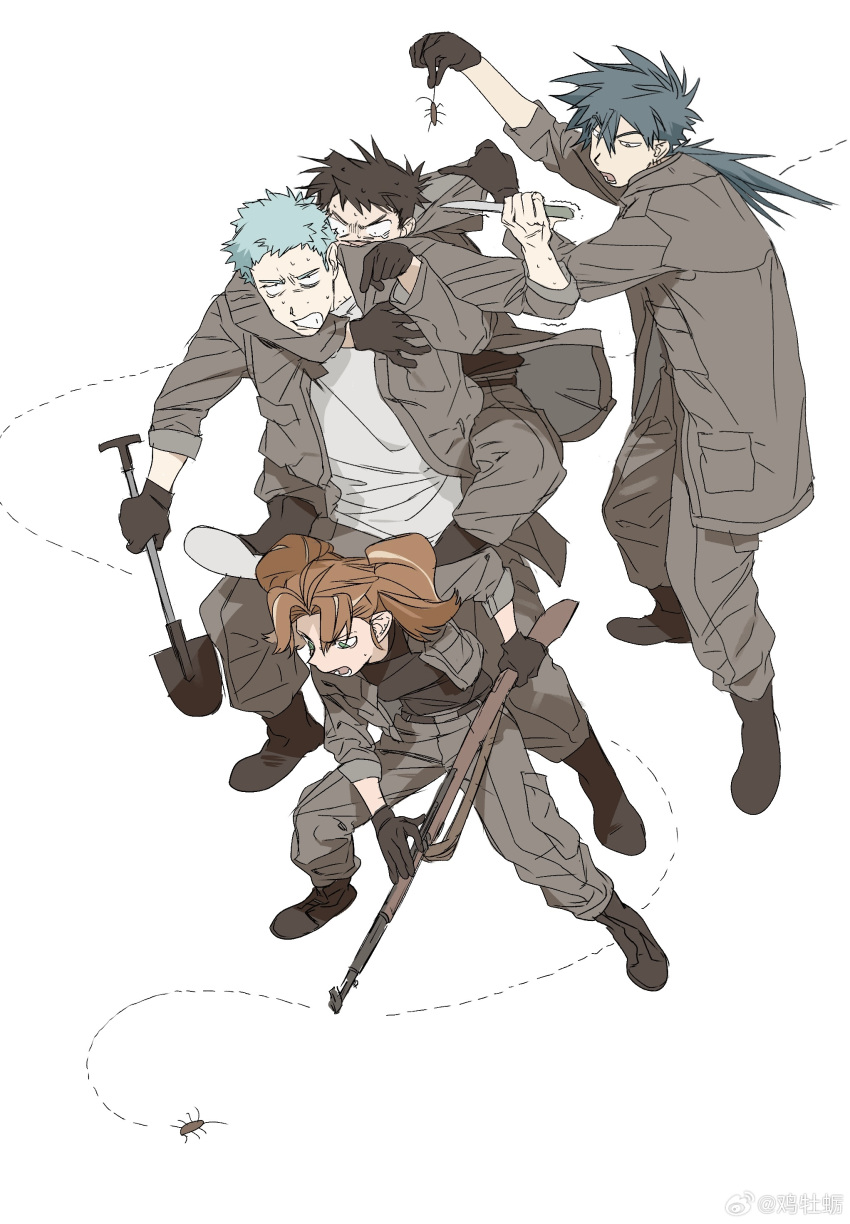1girl, 3boys, absurdres, animal, black_eyes, blue_hair, boots, brown_coat, brown_footwear, brown_hair, brown_pants, brown_sleeves, bug, chinese_commentary, clenched_teeth, coat, commentary_request, dotted_line, furrowed_brow, gun, half-closed_eyes, highres, holding, holding_animal, holding_gun, holding_knife, holding_shovel, holding_weapon, ji_muli, knife, long_hair, long_sleeves, low_ponytail, messy_hair, multiple_boys, open_clothes, open_coat, open_mouth, original, pants, pocket, scared, shirt, short_hair, short_twintails, shotgun, shovel, simple_background, sweat, sweatdrop, teeth, twintails, uniform, v-shaped_eyebrows, watermark, weapon, weibo_logo, weibo_username, white_background, white_shirt