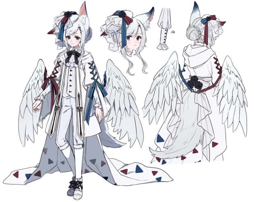 1boy, androgynous, angel_wings, animal_ear_fluff, animal_ears, back_bow, black_bow, black_bowtie