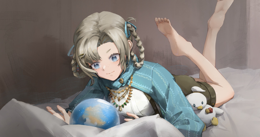 1girl, blue_eyes, blue_ribbon, highres, huangjiaqicool, lying, matilda_bouanich, on_stomach