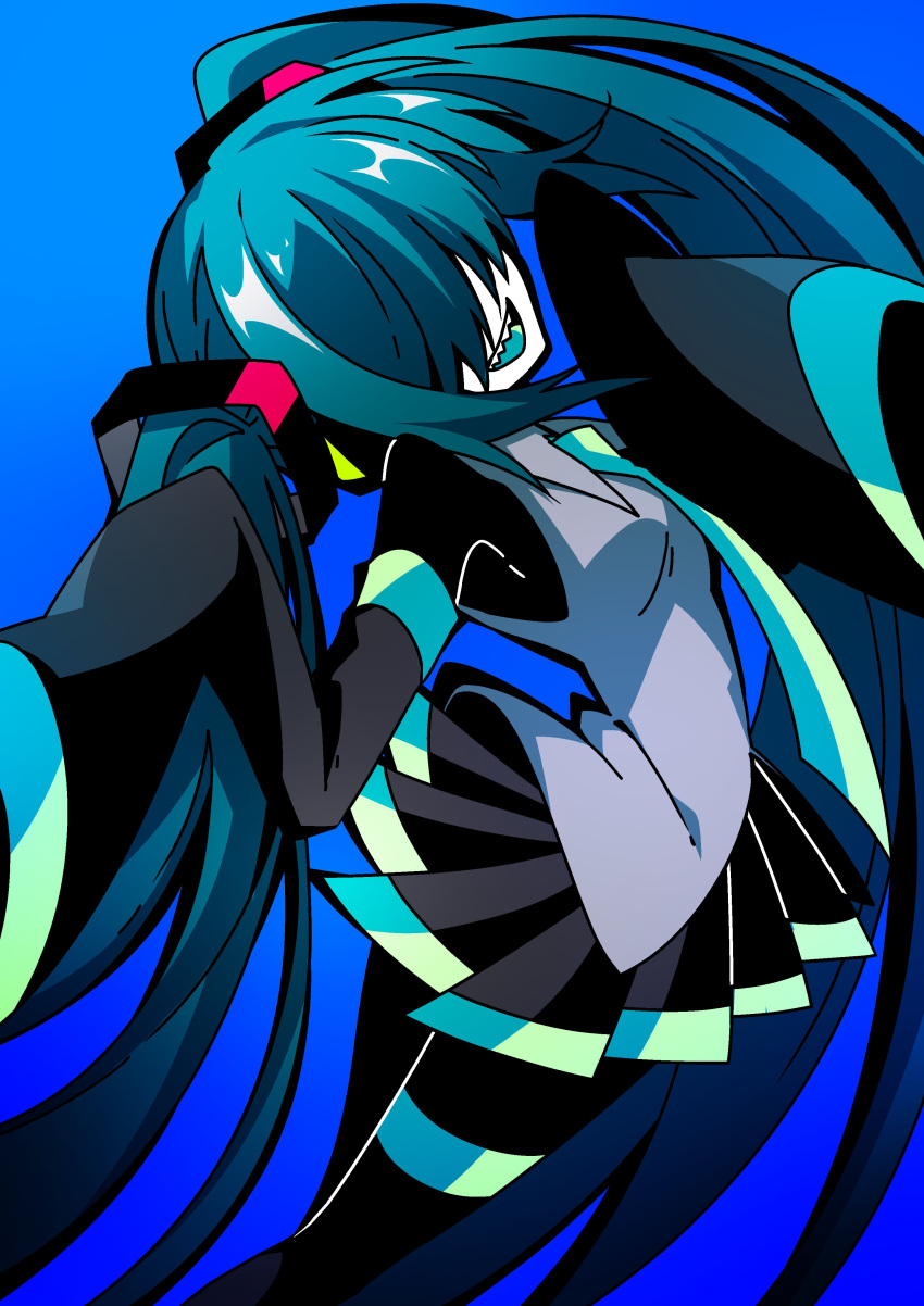 0tya00ml, 1girl, absurdres, aqua_tongue, black_skirt, black_sleeves, blue_background, blue_hair