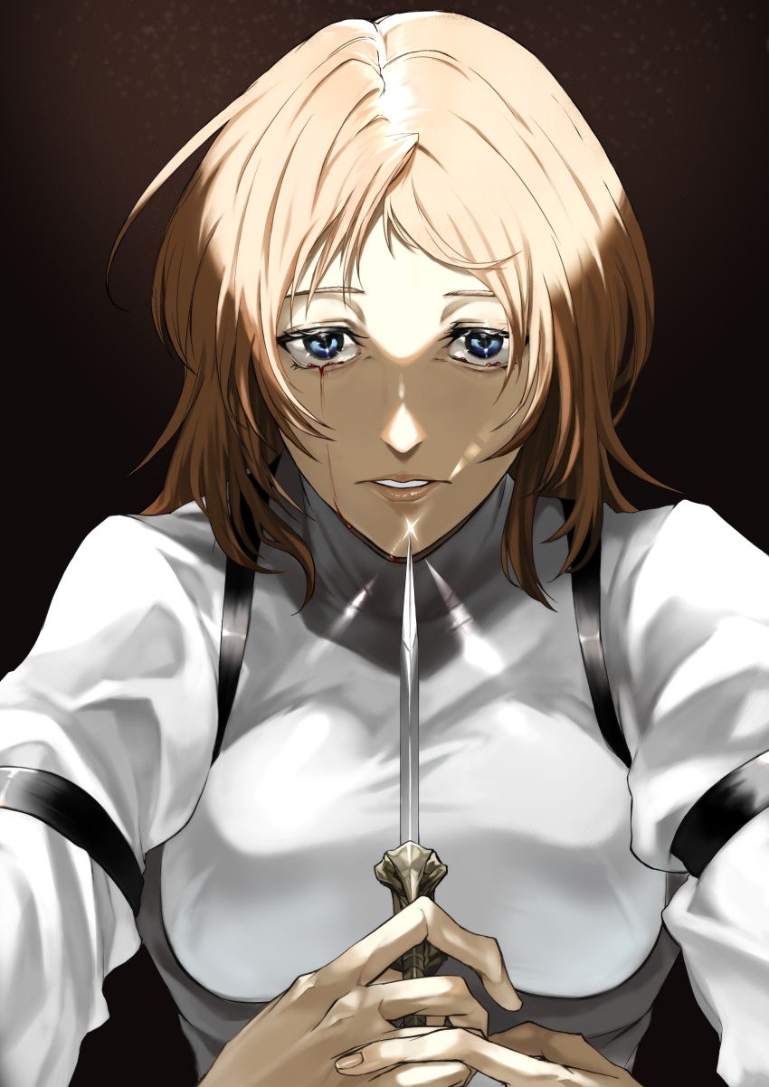 1girl, absurdres, blood, blood_from_eyes, blue_eyes, breasts, brown_hair, crying, crying_with_eyes_open, drag-on_dragoon, furiae, highres, holding, holding_knife, kei9969, knife, lips, long_hair, looking_at_viewer, simple_background, solo, tears