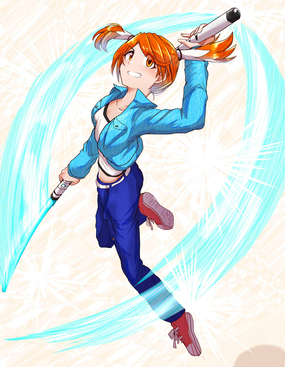 1girl, belt, denim, full_body, highres, jacket, jeans, kekewan, looking_at_viewer, natsume_(saru_getchu), orange_eyes, orange_hair, pants, saru_getchu, shoes, short_hair, short_twintails, smile, sneakers, solo, twintails, weapon, white_background