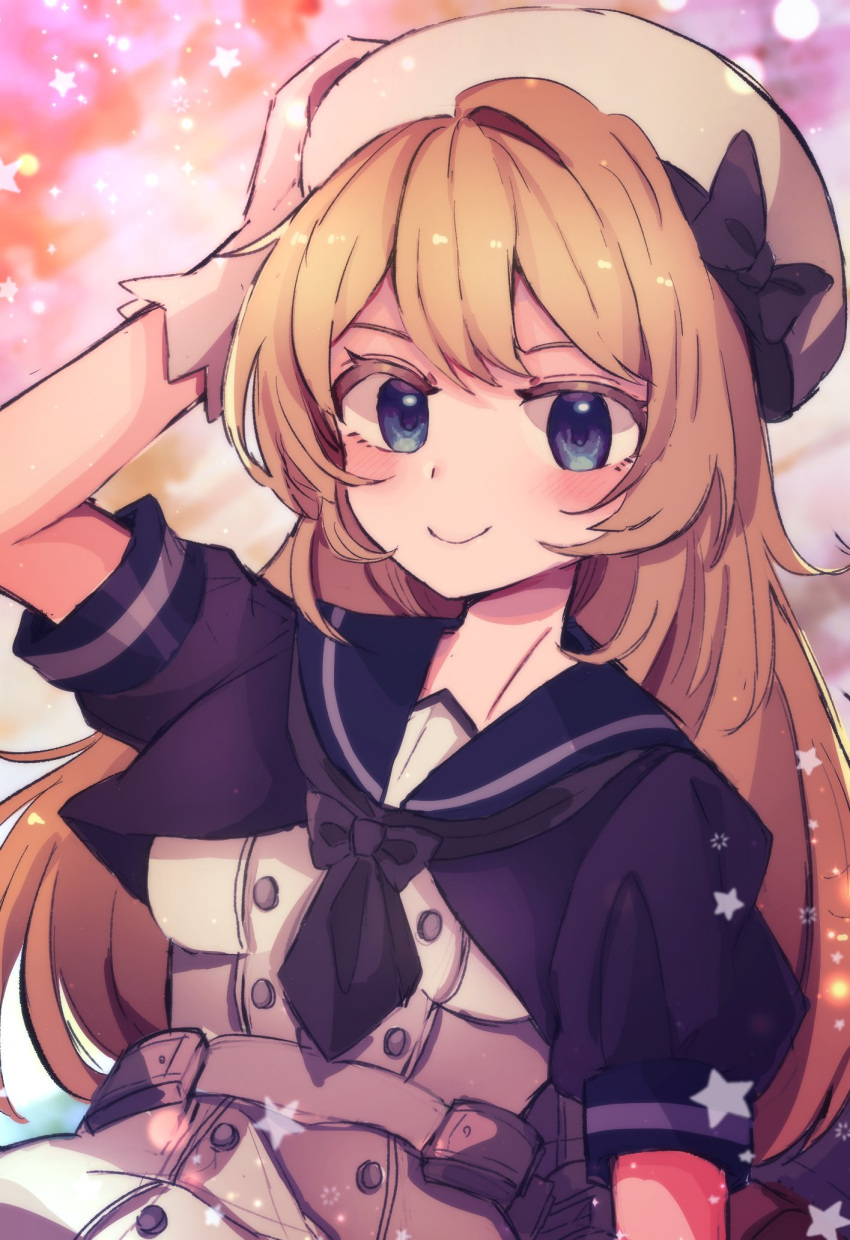 1girl, blonde_hair, blue_eyes, blue_sailor_collar, blush, closed_mouth, dress, gloves, hat, highres, jervis_(kancolle), kantai_collection, long_hair, looking_at_viewer, revision, sailor_collar, sailor_dress, sailor_hat, short_sleeves, solo, star_(symbol), white_dress, white_gloves, white_headwear, yukikaze2828