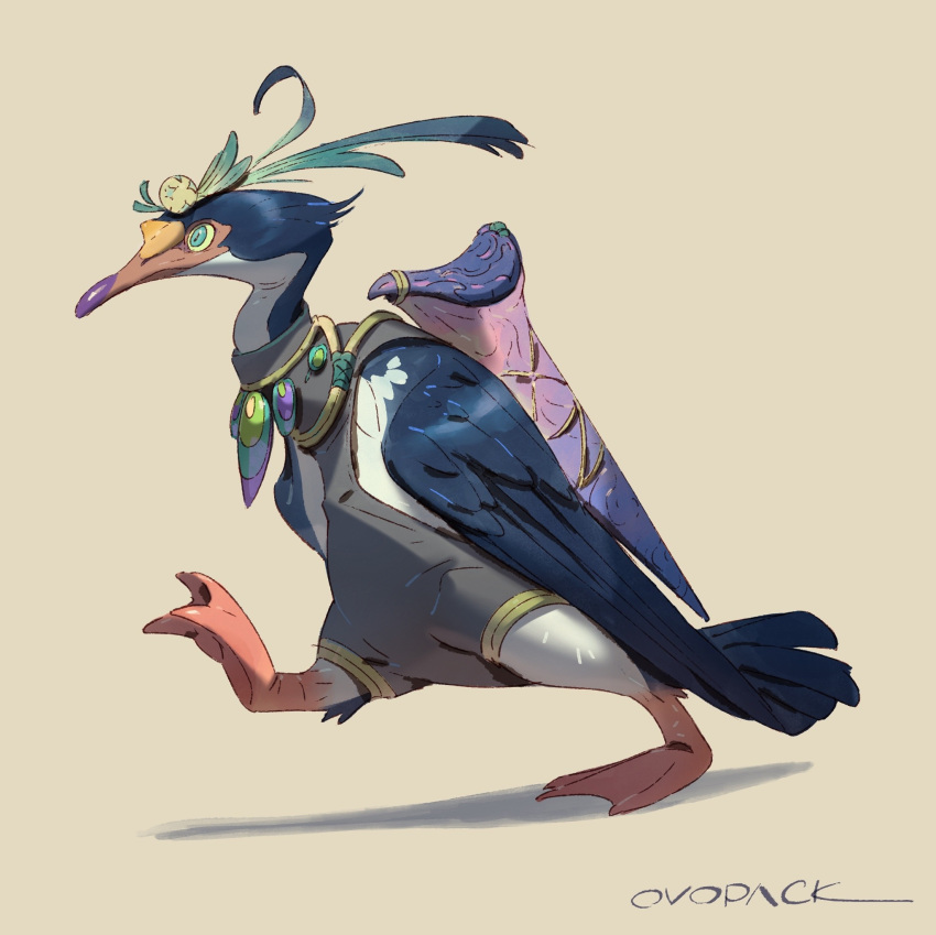 animal, animal_focus, artist_name, beak, bird, blue_eyes, clothed_animal, cormorant